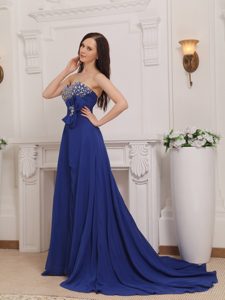 Blue Empire Sweetheart Chiffon Beaded and Prom Dress with Court Train and Bow