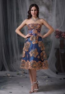 Unique Blue Strapless Tea-length Taffeta Prom Dress with Appliques on Sale