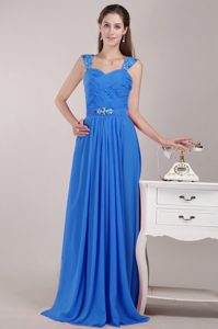 2014 Blue Empire Straps Chiffon Prom Pageant Dress with Beading and Ruching