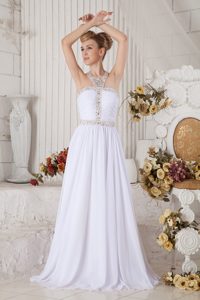 Unique White Halter Top Chiffon Prom Dress with Beading and Ruching for Cheap