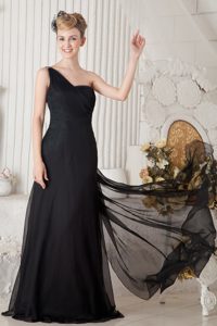 Black Column One Shoulder Prom Dress Chiffon Ruched and Beaded