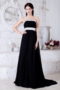 Black and White Strapless Chiffon Beaded Prom Evening Dress with