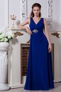 Deep Blue Empire V-neck Chiffon Beaded Homecoming Prom Dress on Promotion