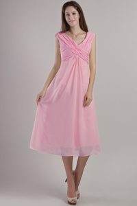 Lovely Pink Empire V-neck Ankle-length Chiffon Prom Formal Dress on Promotion