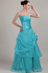 Blue Column Strapless Organza Prom Dress with Appliques and Beading in 2014