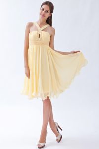 New Yellow Empire V-neck Knee-length Chiffon Beaded and Ruched Prom Dress