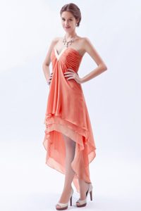 Orange V-neck High-low Chiffon Beaded Prom Dress for Girls on Promotion