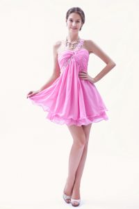 Rose Pink Beaded One Shoulder Mini-length Organza Prom Dress for Cheap