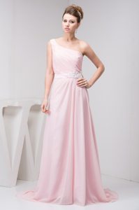 Sweet One Shoulder Baby Pink Chiffon Prom Dress with Appliques and Court Train