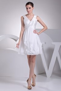 Princess V-neck White Prom Cocktail Dress in Chiffon with Ruffles and Ruching