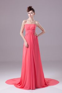 Beaded and Ruched Watermelon Chiffon Prom Dresses with Watteau Train