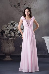 Baby Pink Ruched and Beaded Chiffon Prom Celebrity Dress with Cap Sleeves