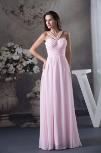 Beaded V-neck Ruched Pink Prom Holiday Dress with Side Zipper in Chiffon
