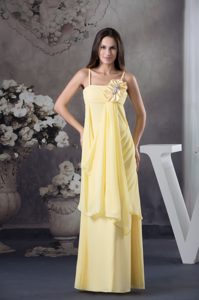 Sexy Spaghetti Straps Light Yellow Chiffon Prom Dresses with Hand Flowers
