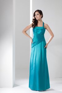 Ruched Halter Top Column Ankle-length Prom Holiday Dresses in Turquoise