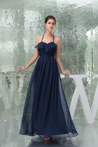 Column Halter Top Ruched Prom Long Dress for Ladies in Navy Blue Chiffon