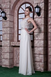 Popular White Empire One Shoulder Chiffon Prom Dresses with Beaded Waist