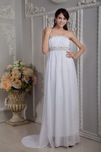 Pretty White Strapless Ruched Prom Holiday Dresses in Chiffon with Beading