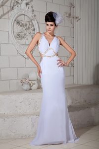 White Empire V-neck Prom Celebrity Dress in Chiffon with Beaded Side Outs