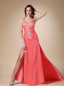 Watermelon Red Column Beaded Prom Dresses for Party in Elastic Wove Satin
