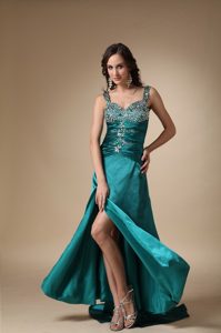 Turquoise Column Straps Beaded Prom Cocktail Dress in Elastic Woven Satin