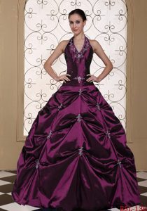 Halter Top Embroidery Sweet 15 Dresses with Beading in Eggplant Purple