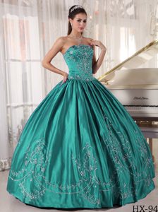Customize Strapless Satin Embroidery Dress for Quinceanera in Aqua Blue