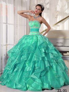 Apple Green Strapless Organza Quince Dress with Appliques and Paillette