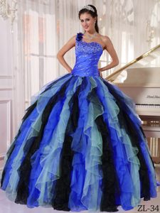 Multi-colored One Shoulder Sweet Sixteen Dress with Beading and Ruffles