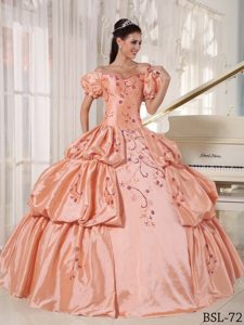 Baby Pink Off The Shoulder Embroidery Quinceanera Dresses in Taffeta