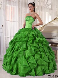 Pretty Green Strapless Quince Dresses in Satin and Organza with Beading