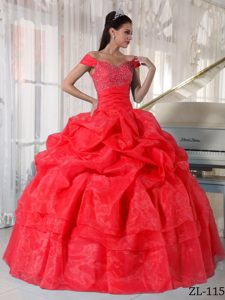 Red Beaded Off The Shoulder Quinceanera Dress in Taffeta and Organza
