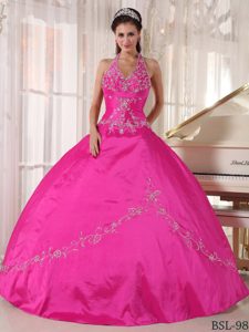 Hot Pink Ball Gown Halter Top Quinceanera Formal Dress in Taffeta with Appliques
