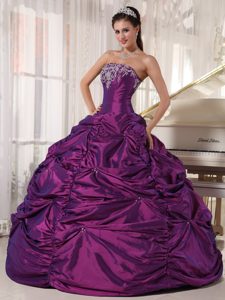 Purple Ball Gown Strapless Taffeta Dress for Quince with Embroidery and Pick Ups