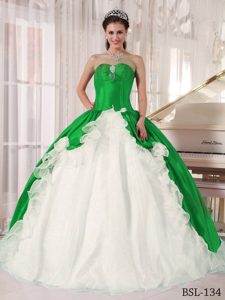 Green and White Sweetheart Beaded Quinceanera Dress in Organza and Taffeta