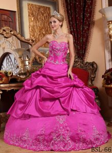 Hot Pink Ball Gown Sweetheart Embroidery Taffeta Dress for Quince with Pick Ups