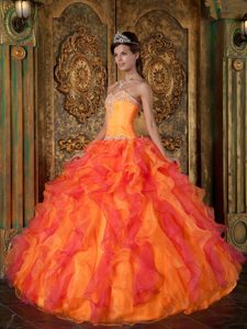 2013 Orange Sweetheart Organza Quinceanera Dress with Ruffled Layers