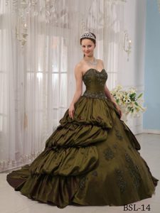 Olive Ball Gown Sweetheart Court Train Taffeta Dress for Quince with Appliques
