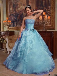 Aqua Blue Ball Gown Strapless Best Dresses for Quince in Organza with Beading