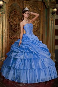 Aqua Blue Ball Gown Strapless Organza Quinceanera Dresses with Hand Flowers