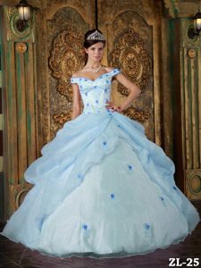 Classical Light Blue Off The Shoulder Dress for Quince in Organza with Appliques