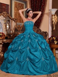 Teal Ball Gown Quinceanera Dress in Taffeta with Appliques for Cheap