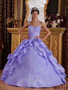 New Lilac Ball Gown Straps Taffeta Dress for Quince with Beading and Appliques