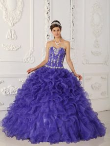 Purple Sweetheart Satin and Organza Quinceanera Dress with Appliques and Ruffles