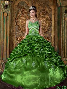 Green Spaghetti Straps Quinceanera Dresses with Beading and Pick Ups in Taffeta