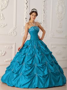 Teal Ball Gown Strapless Taffeta Quinceanera Dresses with Appliques and Beading