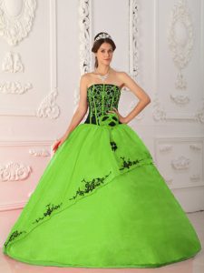 Spring Green Strapless Satin and Organza Quinceanera Dresses with Embroidery