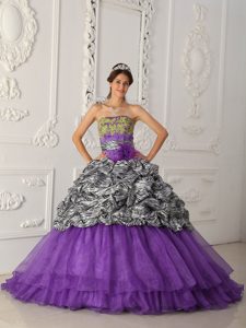 Purple Strapless Chapel Train Zebra and Organza Quinceanera Dress with Appliques
