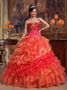 Orange Red Sweetheart Taffeta and Organza Dress for Quince with Ruffled Layers