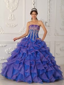 Blue Ball Gown Strapless Dress for Quince in Organza with Ruffles and Appliques